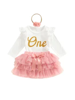 Infant Baby Girl 1. Dzimšanas diena Apģērbu Komplekts ar garām Piedurknēm Romper Bodysuit Kūka Sagraut Tērpi ar Galvu
