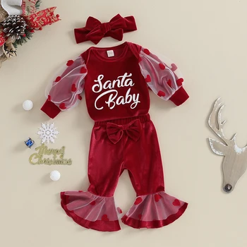 Baby Girl Ziemassvētku Apģērbs Samta Santa Baby Romper Bell Grunts Bikses Ar Headhand Uzstādīt Ziemas Siltas Drēbes,