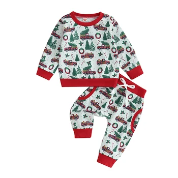 Bmnmsl Toddler Meitenes 2 Gabals Apģērbs Ziemassvētku Automašīnu Drukāt garām Piedurknēm Krekls un Elastīgās Bikses Set Baby Gudrs Kritums Apģērbu
