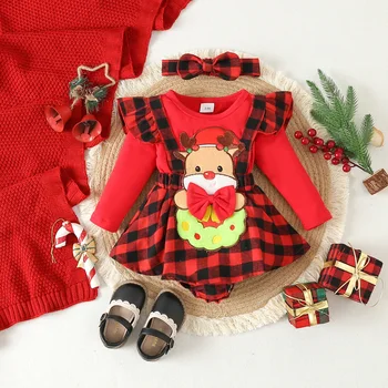 0-18M Jaundzimušais Meitenes Ziemassvētku Drēbes Pleds Drukāt Ziemassvētki Briežu Romper Kleita Cute Galvu 2gab Komplektos Ietilpst Zīdaiņu Apģērbs