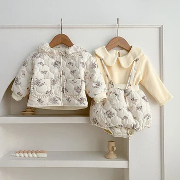 Glītu Mežģīņu Ziedu Baby Meiteņu Ziemas Drēbes, Uzstādīt Sabiezēt Silts Kokvilnas Polsterētām Bērniem Kabatas Outwear + Romper Mīksta Samta Kreklu