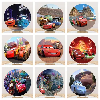 Disney Sarkano Sacīkšu Atdzist Automašīnu Karikatūra Pasūtījuma Elastīgs Apaļais Fons Segtu Happy Birthday Party Apļa Fona