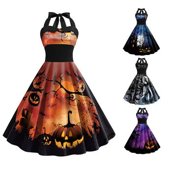 Sieviešu Halloween Kostīmi Retro Gotiskā Melnā Puse Kleitas 2023 Rudens Drēbes, Šūpoles, siltie Ķirbju Galvaskausa Drukāt Cosplay Drēbes