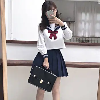 Japāņu Stilā S-2XL Studentiem Meiteņu Skolas Formas tērpiem Meitenēm Navy Kostīms Sieviešu Sexy Navy JK Uzvalka Jūrnieks Blūze Kroku Svārki Komplekts