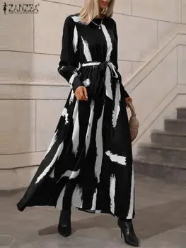 ZANZEA Sieviešu Garās Drēbes Rudens 2023 Iespiesti Maxi Kleitas, Vintage garām Piedurknēm O-veida kakla Pārsējs Kleitas, Svētku Iela Vestidos Femme