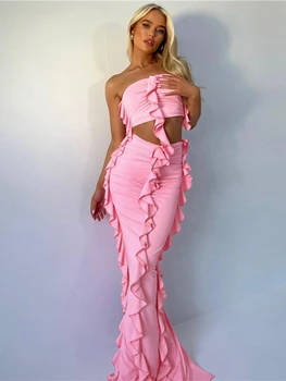 Vasaras Apģērbs Sievietēm 2023 Moderns Sexy Puse Elegants Savirmot Atbilstības Komplekti 2 Gabals Tērpiem Rozā Kultūru Augšējās Tvertnes Bodycon Svārki