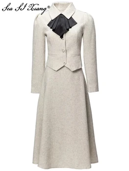 Seasixiang Modes Dizaineru Rudens Tērps Sievietēm Vienotā Krūtīm, Garām Piedurknēm, Kabatām Žakete + Svārki Vintage Divu Gabals, Kas