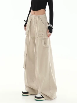 Sieviešu Vintage Y2k Aprikožu Kravas Džinsi Harajuku 2000s Streetwear Lielajam Augsta Vidukļa Džinsus Džinsa Bikses Plaša Kāju Kovboju Bikses