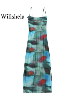 Willshela Sieviešu Modes Apdrukāto Pusi Rāvējslēdzēju Spraugas Midi Kleita Vintage Plānas Strapless Laukumā Apkakles Sieviešu Šiks Lady Kleitas