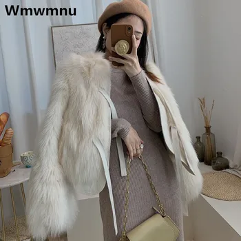 Elegants Fox Mākslīgās Kažokādas Jakas Ziemas Siltā korejas Modes Īsus Svārkus Ikdienas Sabiezēt Pūkains Mežģīnes-up Jaqueta Kokvilnas Oderi Outwear