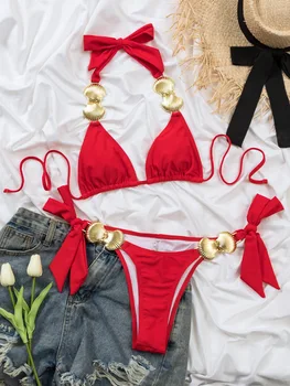 2023 JAUNS Seksīgs divdaļīga Bikini Komplekts Peldkostīms Sievietēm Metāla Čaulu, Sasiet Mežģīnes Up Sexy Bodysuits 2023 Jaunā Pludmales peldkostīms, Peldbikses