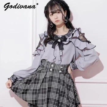 Japāņu Stila Sieviešu Sweet Lolita Mežģīnes, Mežģīņu Pie Pleca Krekls ar garām Piedurknēm Bowknot Meitenes Zaudēt Blūze Modes Blusas
