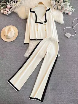 Vintage Eleganta Trikotāžas 2 Gabals Elsas Uzstādīt Tērpi Sievietēm Komplekti 2024. Gadam Pavasara divrindu Jaka + Plaša Kāju Bikses atbilstības Komplekti