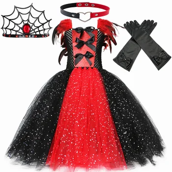 Glitter Halloween Vampīra Kostīms Meitenēm Gothic Apģērbu Dēmons Vampiress Karaliene Cosplay Tutu Kleitu Bērniem Karnevāla Puse uzposties