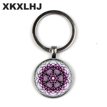 XKXLHJ Modes Ziedu Dzīves Keyring Sievietēm Sakrālās Ģeometrijas Mandala Keychain Kārtā Foto Atslēgu Ķēdes, Stikla Rotaslietas Keyrings