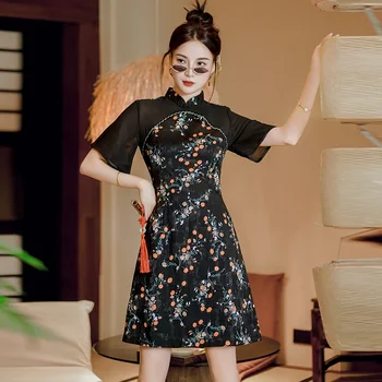 Mūsdienu Uzlabota Jaunu Tradicionālā Ķīniešu Īsām Piedurknēm Cheongsam Sexy Black Ziedu Izšuvumu Qipao Kleita