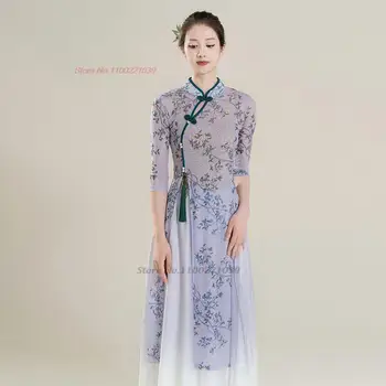 2024 tradicionālo ķīniešu deju kostīmu ziedu drukāt qipao kleita+bikses komplekts elegantā skatuves sniegumu kostīmu austrumu qipao kleita