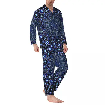 Ļaunā Acs Pidžamas Komplekts Baltā Un Zilā Modes Sleepwear Unisex garām Piedurknēm Vintage Gulēt 2 Gabals Naktsveļu Liels Izmērs 2XL