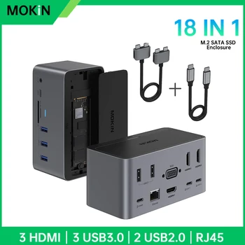 MOKiN 18 1 dokstacija, USB C līdz Dual HDMI Adapteris SD/TF,VGA, PD100W,RJ45, Thunderbolt 3,SSD Būra,lai MacBook Pro/Air