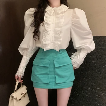Jaunajām Korejas Modes Sieviešu Baltu Kokvilnas Blūzes Sieviešu Salds Mežģīnes Ruffles Līmēšana Puff Garām Piedurknēm Dāmas Ikdienas Krekls Topi