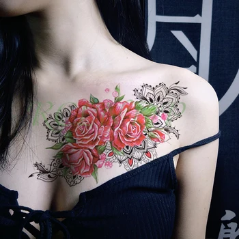 Ūdensnecaurlaidīgus Pagaidu Tetovējumu Uzlīmes lielo sarkano rozes ziedu, lapu datura Viltus Tatto Flash Tetovējums, liela izmēra tetovējumiem Meitene Sievietes Vīrieši