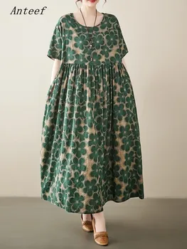 Anteef īsām piedurknēm lielgabarīta kokvilnas vintage ziedu kleitas sievietēm gadījuma zaudēt garu vasaras kleitu elegants apģērbs 2023