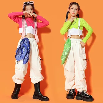 Mazulis Hip Hop Apģērbu Siksna Kultūru Tops ar garām Piedurknēm T Krekls Tee Gadījuma Streetwear Kravas Bikses, lai Meitene Džeza Deju Tērpu Apģērbs