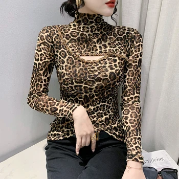 Eiropas Drēbes, T-krekls Sievietēm Frēzēšana Dobi No Leopards Drukāt Slim Acs Topi ar garām Piedurknēm Tees Rudens Ziemas Jaunas