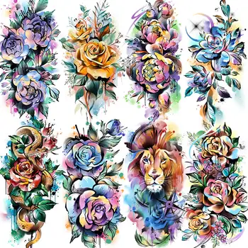 8 Loksnes 3D Akvarelis Ziedu Pagaidu Tetovējumiem Sievietēm Pieaugušie Lauvas Kompass Ziedu Tetovējumiem Viltus Ziedu Peonija, Roze, Tatoos Ielīmējiet