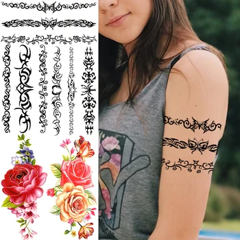 Reāli Tauriņš Totem Pagaidu Tetovējumiem Sievietēm, Meitenēm, Vīriešiem Cilšu Ērkšķiem Viltus Tetovējumu Uzlīmes, Roze, Peonija Liels Tetovējums Armband