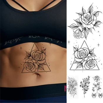 Ūdensnecaurlaidīgus Pagaidu Tetovējumu Uzlīmes Melna Balta Ziedu Vainags Flash Tetovējumiem Sieviešu Minimālisma Līnijas Body Art Viltus Tatto