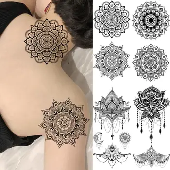 Melns Mandala Ziedu Sexy Kakla Atpakaļ Pagaidu Tetovējumiem Sievietēm Pieaugušo Lotus Pūce Kulons Viltus Tetovējums Modes Mazgājams Tetovējums Decal