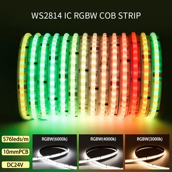 DC24V WS2814 RGB IC Adresējama COB LED Gaismas Sloksne Darbojas Zirgu Pilnu Krāsu RGBW lineāru Elastīgu 576Leds/m 10mmPCB led Gaismas
