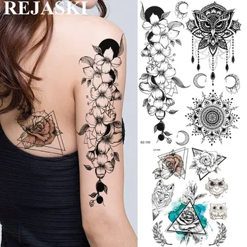 REJASKI Kuloni, Ziedu Lilija Pagaidu Tetovējumiem Sievietēm Uzlīme Pūce Mandala Melnā Henna Tatoos Mākslas Krūtīs, Sexy Pasūtījuma Tetovējums