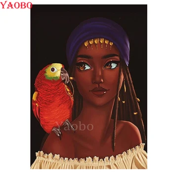 5D DIY Dimanta izšuvumi Āfrikas sieviete un sarkans papagailis Dimanta glezna krustdūrienā dimanta mozaīkas set home (sākuma apdare