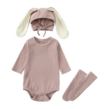 Zaķis Baby Romper Drēbes, Cepure, Zeķes 3 Gabalu Komplekti Jaundzimušo Trušu Auss Kokvilnas Tīrtoņa Krāsu Salātu Zīdaiņu Bodysuit Tērpos