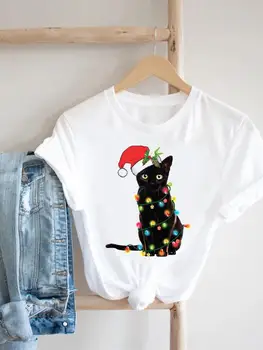 T-krekls Top Apģērbs Karikatūra Kaķis Jauki 90s Jauno Gadu Grafiskais T Krekls Drukas Sievietes Brīvdienu Modes Ziemassvētku Īsām Piedurknēm Tee