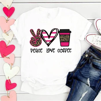 Valentīna T-krekls Grafikas Iespiestas T Krekls Sievietēm ar Īsām Piedurknēm Mieru, Mīlestību, Kafijas Leopard Tshirt Dienu Sirds Tee Y2k Drēbes