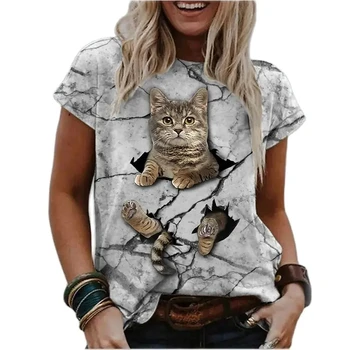 Modes Sieviešu T-krekls Kaķis Iespiesti Īsām Piedurknēm Sieviešu Harajuku Tees Dāmas T Krekls Lielgabarīta V-veida kakla Topi Dzīvnieku Sieviešu Apģērbs