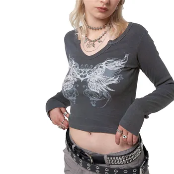 Sieviešu Grafiskais T-krekls Goth V-veida Kakla ar garām Piedurknēm Izdrukas Slim Džemperi, Topi Dāmām, Vasarā, Rudenī Slim Fit Lakrosa Sieviešu Džemperi