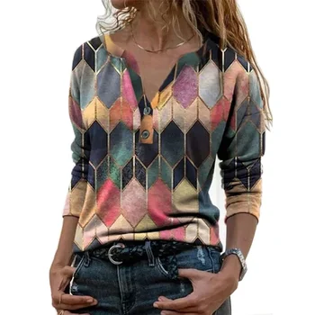 Sieviešu Modes Dimanta Print T-Krekls Ar V Veida Kakla Pogu Līmēšana Rudens Garām Piedurknēm Topi, Sieviešu 2023 Elegants Franču Stila Gadījuma Tees