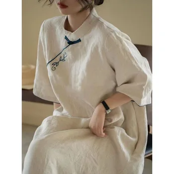 Pavasara Vintage Kokvilnas Veļa Stāv Apkakle Izšūta Pusi Piedurknēm Zaudēt Cheongsam Kleitu Elegants Sieviešu Tradicionālo Apģērbu