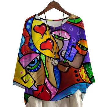 CLOOCL Bohemia Krekli Sieviešu Modes Pogu Tops Krāsains Prined Apaļu Kakla garām Piedurknēm T-krekls Gadījuma Zaudēt Seju Mākslas Blūze