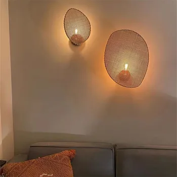 Wabi sabi sienas lampas, japāņu istabas interjeru rotangpalmas lampas ar rokām austi dzīvojamā istaba guļamistaba blakus Retro Studiju Koridorā, Eju Gaismas
