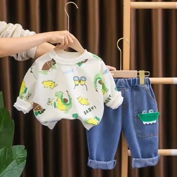 Baby Boy Luksusa Apģērbu Pavasara Rudens Gadījuma Karikatūra Dinozauru garām Piedurknēm T-krekli un Bikses Meiteņu, Zēnu Apģērbs Komplekts Kids Apģērba