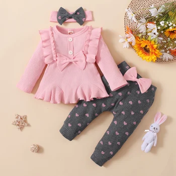 Baby Meitenes Apģērbu Uzstādīt Jaunu Dzimis Rozā Savirmot Topi Sirds Drukāt Loku Bikses Toddler Princese Apģērbu Modes Zīdaiņu Apģērbs, Tērps